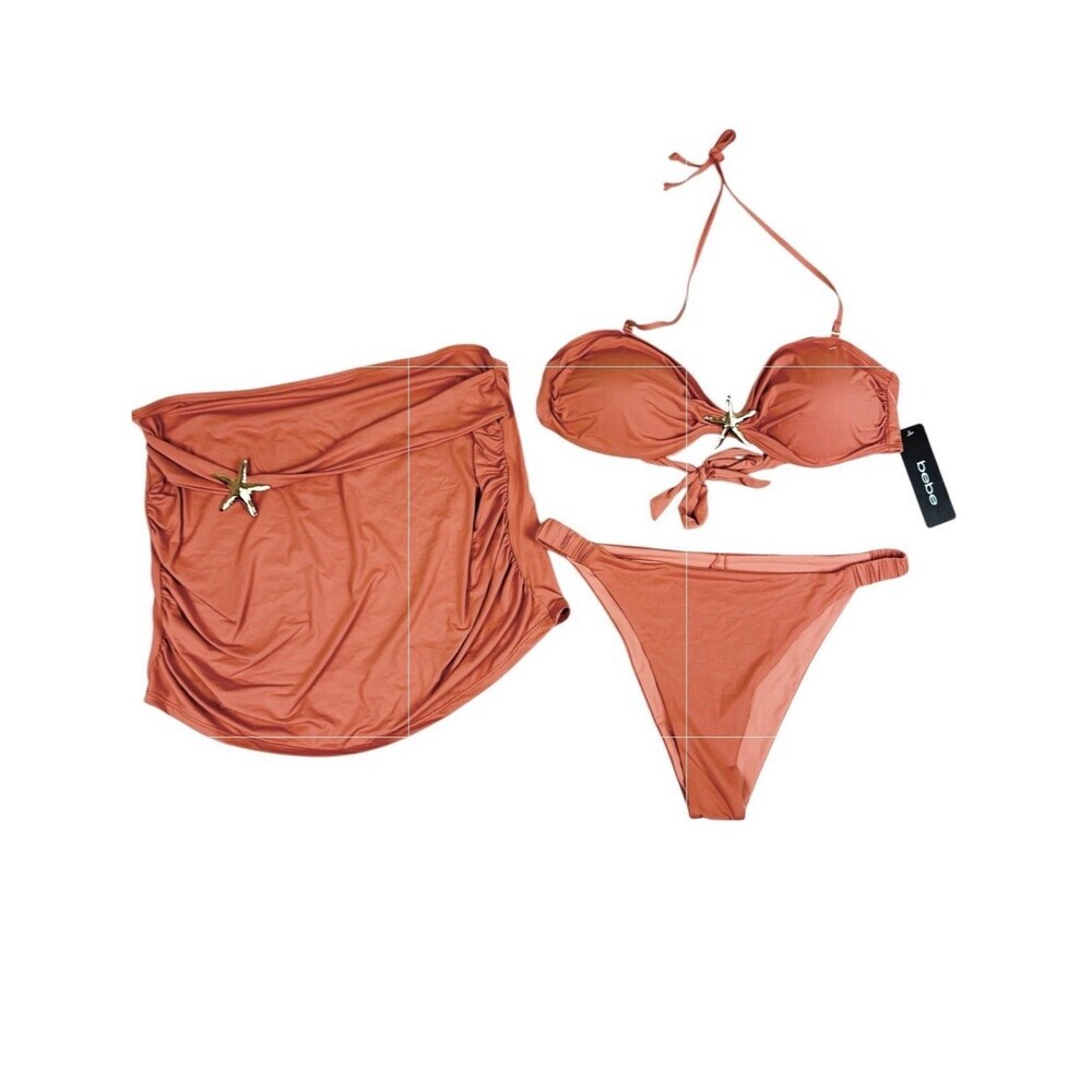 Bebe 3PC Bikini Set XL Apricot Coral Starfish Bandeau Top Bottom + Sarong NWT